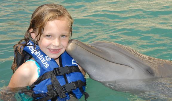 Kids swimming with dolphins